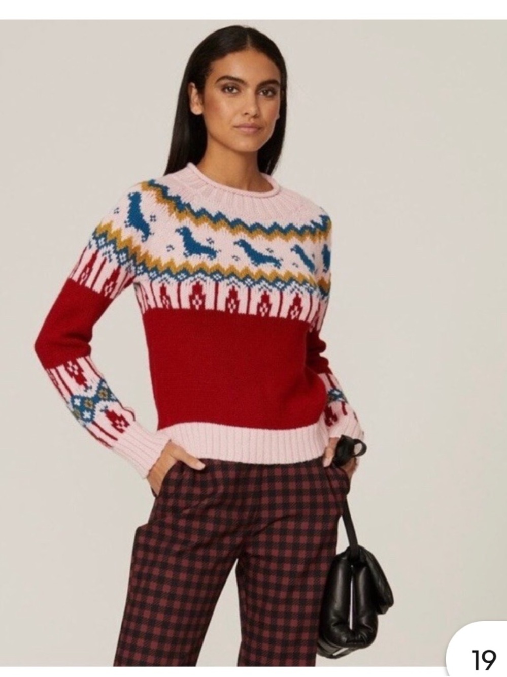 Rachel Antonoff Oscar Dachshund Fair Isle Sweater Pink Trim Size Small